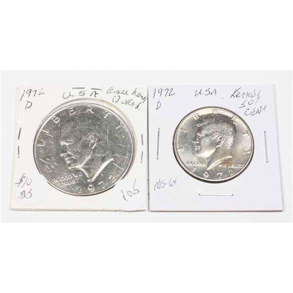 1972 D KENNEDY 50 CENT & 1972 EISENHOWER DOLLAR