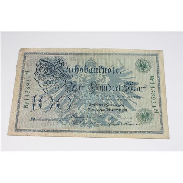 1908 GERMAN REICHBANFNOTE 100 NR1438924 M
