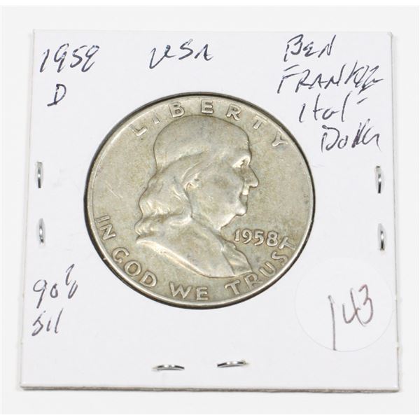 1958 D U.S.A. BEN FRANKLIN HALF DOLLAR 90% SILVER