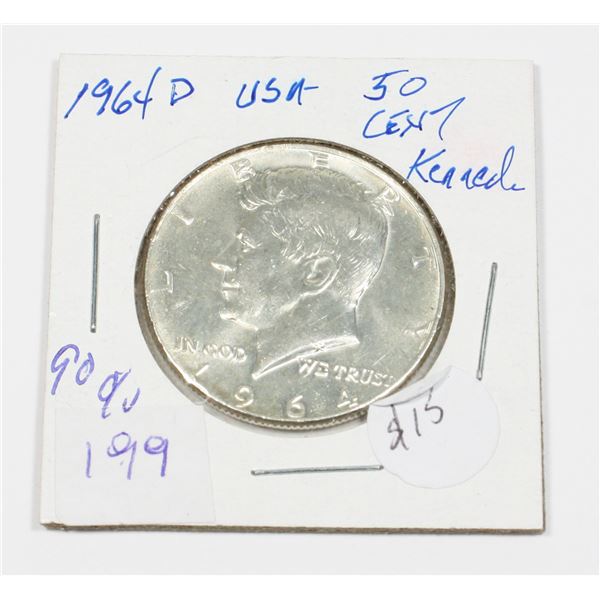 1964 D U.S.A. KENNEDY HALF DOLLAR 90 % SILVER