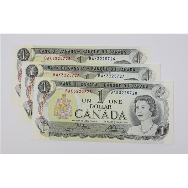 THREE 1973 GEM UNC 65 BILLS BK 3225726-28 SEQ