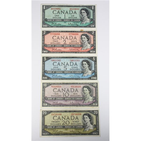 1954 5 BILL SET $1S/M6159683 B.R $2 W/U7706288 B/R