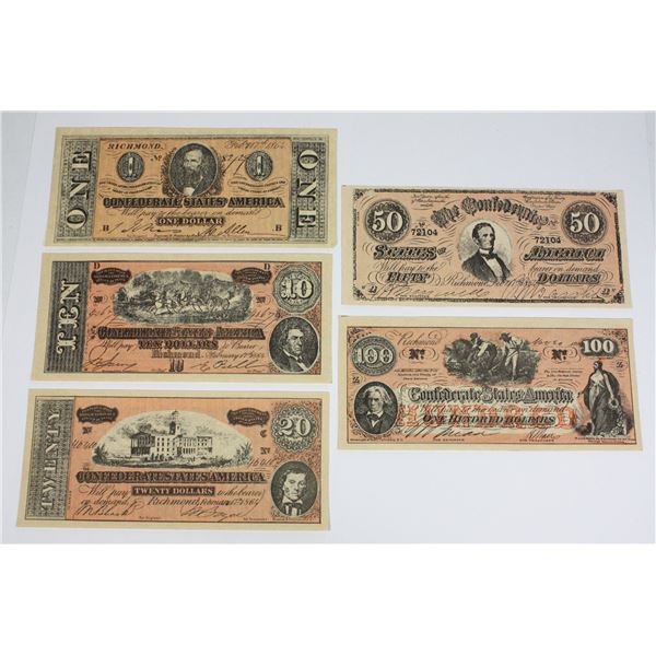 FIVE REPLICA CONFEDERATE STATES OF AMERICA BILLS