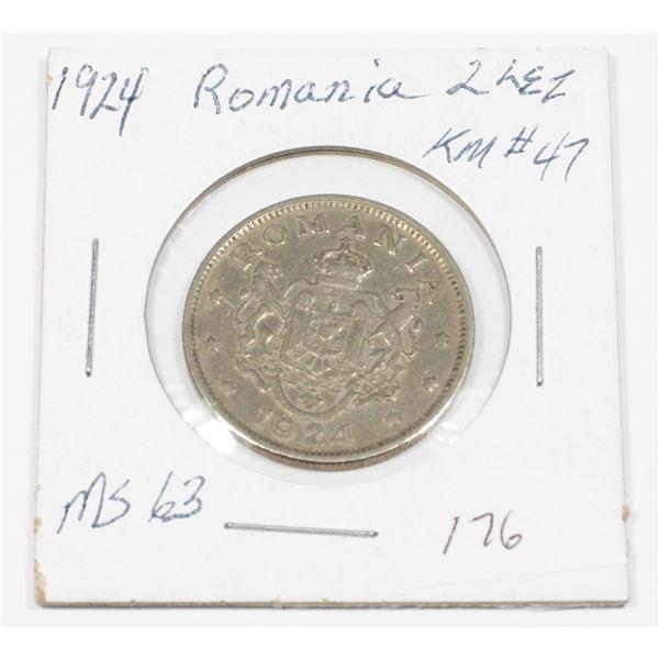 1924 ROMANIA 2 LEI KM#47 MS 63
