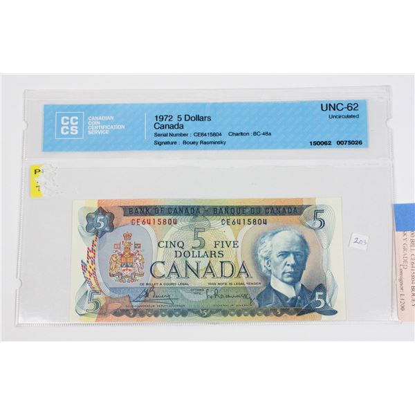 1972 $5.00 BILL CE6415804 BOUEY RAMINSKY GRADED