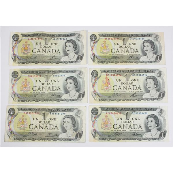 6 1973 $1.00 BILLS FROM 1ST RUN TO NEAR END