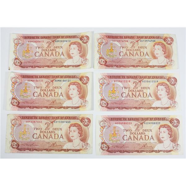 6 1974 $2 BILLS VARIETY OF PREFIX AND SIGNATORIES
