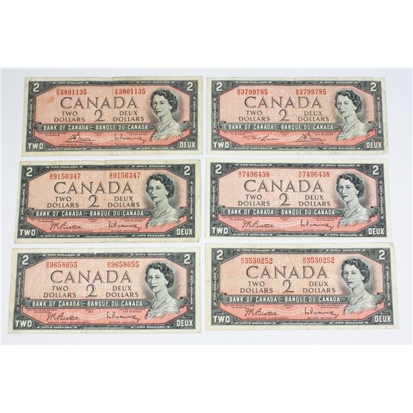 6 1954 $2 BILLS VARIETY OF PREFIX AND SIGNATORIES