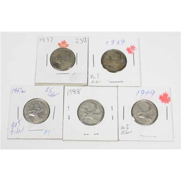 5 SILVER QUARTERS 1937, 1939, 1947, 1948 & 1949