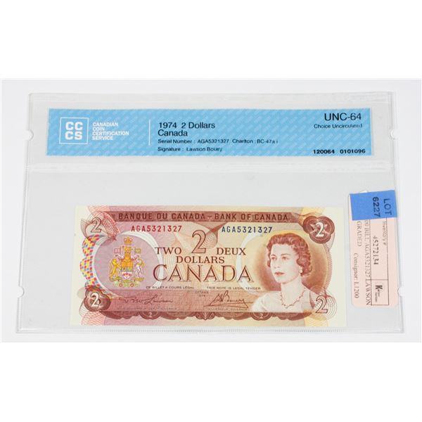 1974 $2.00 BILL AGA5321327 LAWSON BOUEY GRADED
