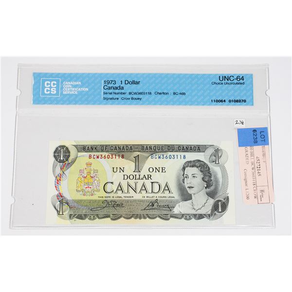1973 $1.00 BILL BCW3603118 CROW BOUEY GRADED