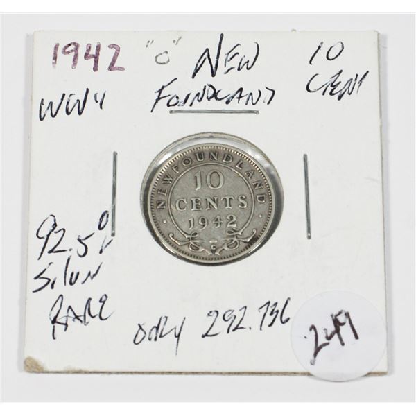 1942 C W.W. II KING GEORGE VI NEWFOUNDLAND 10 CENT