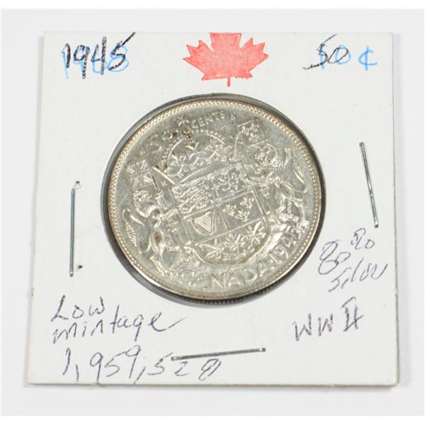 1945 50 CENT W.W. II 80% SILVER MINTED 3,189,583