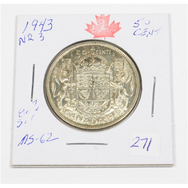 1943 NR 3 50 CENT 80% SILVER W.W.II 3,109,553