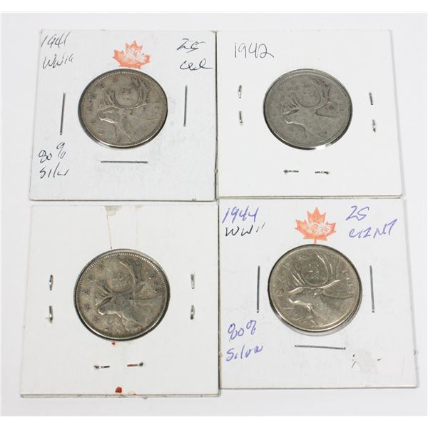 WORLD WAR II QUARTERS 1941,42,43,44. 80 % SILVER
