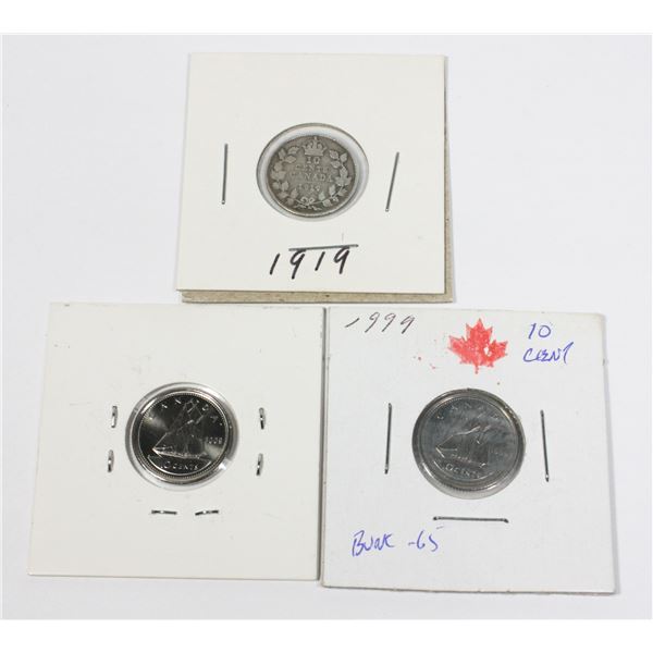 1919 CANADA DIME 92.5% SILVER 1999 DIME AND 2009