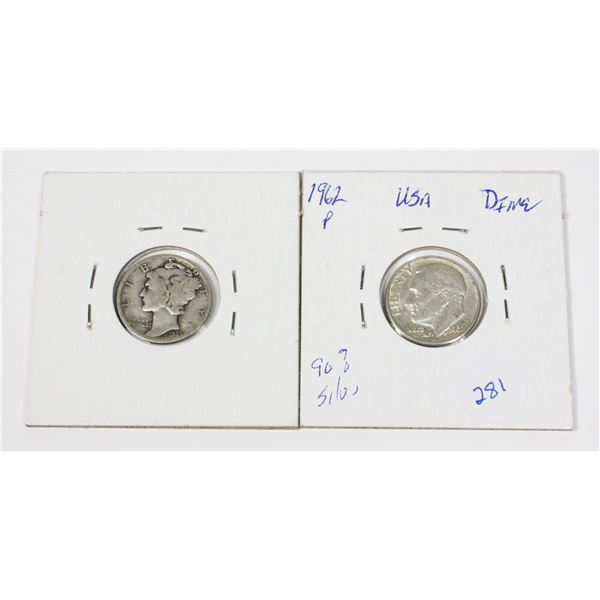 1962 P & 1935 D U.S.A. ROOSEVELT & MERCURY DIME
