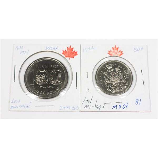 1874-1974 WINNIPEG CENTENNIAL DOLLAR & 50 CENT