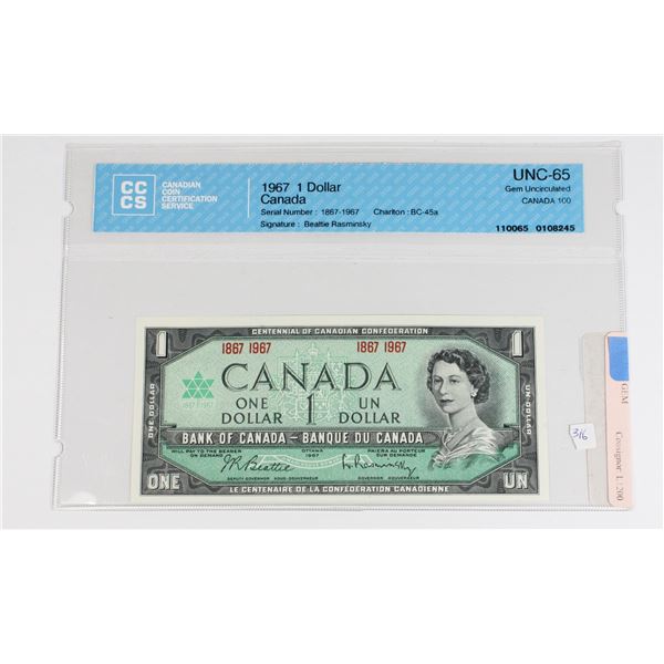 1867-1967 $1.00 BILL GRADED BY C.C.C.S. GEM