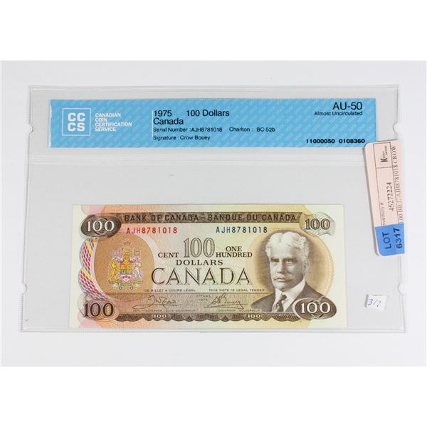 1975 $100.00 BILL AJH8781018 CROW BOUEY GRADED