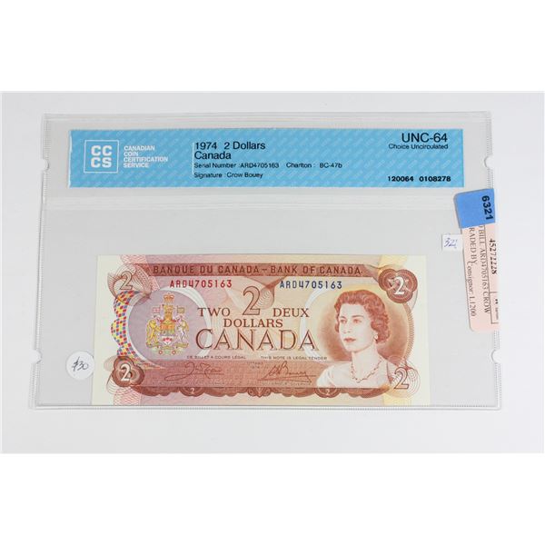 1974 $2.00 BILL ARD4705163 CROW BOUEY GRADED BY