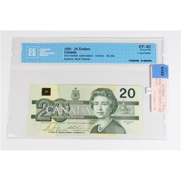 1991 $20.00 BILL ESW1329231 4 DIGIT RADAR BONIN