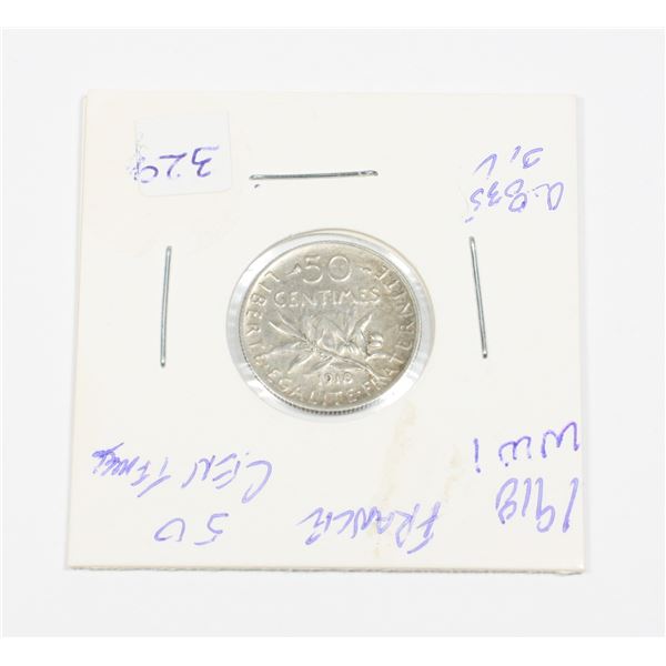 1918 W.W.I FRANCE 50 CENTIMES 0.835 % SILVER