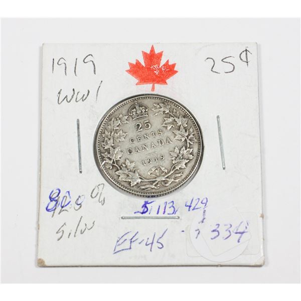 1919 W.W.1 QUARTER KING GEORGE V 92.5 % SILVER