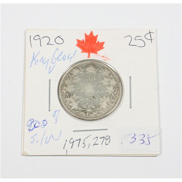 1920 W.W. . QUARTER KING GEORGE V 92.5 % SILVER