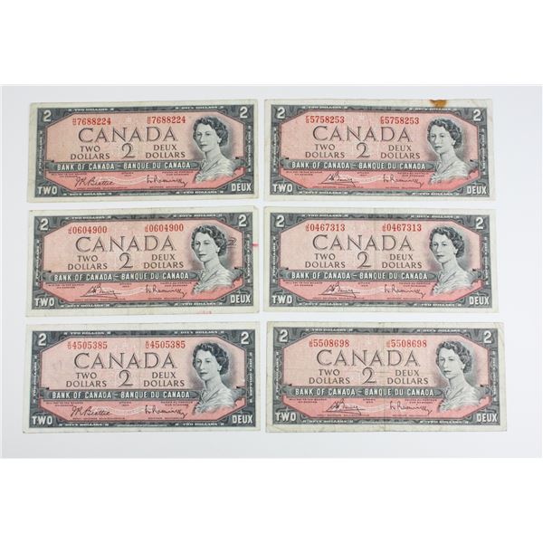 6 1954 Q.E. II $2 BILLS FG5758253 HU7688224