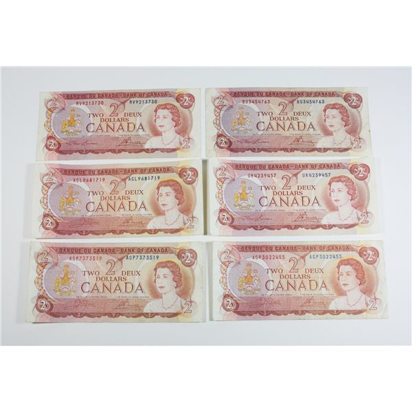 6 1974 Q.E. II $2 BILLS BU3454763 RV9213730