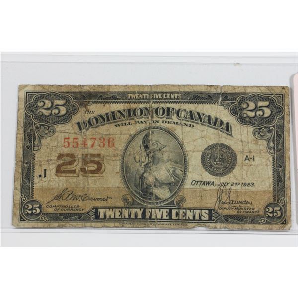 JULY 2ND 1923 DOMINION OF CANADA 25 CENT 1923 25 cent bill 100+ years old historic