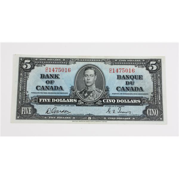JAN 2ND 1937 BANK OF CANADA KING GEORGE VI FIVE