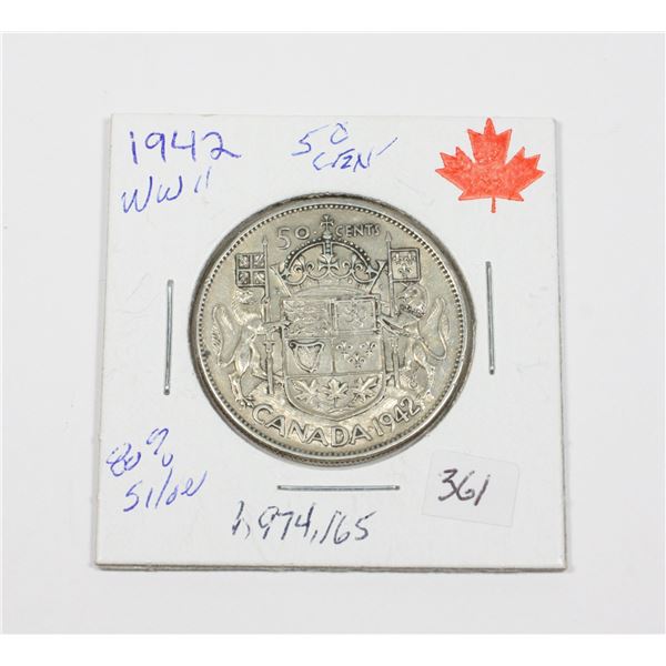 1942 W.W.II 50 CENT PIECE 80% SILVER ONLY1,974,165
