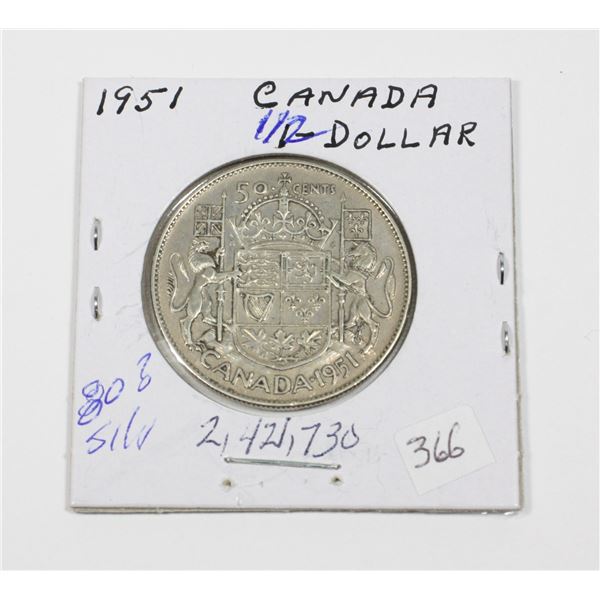 1951 50 CENT PIECE 80% SILVER MS-60