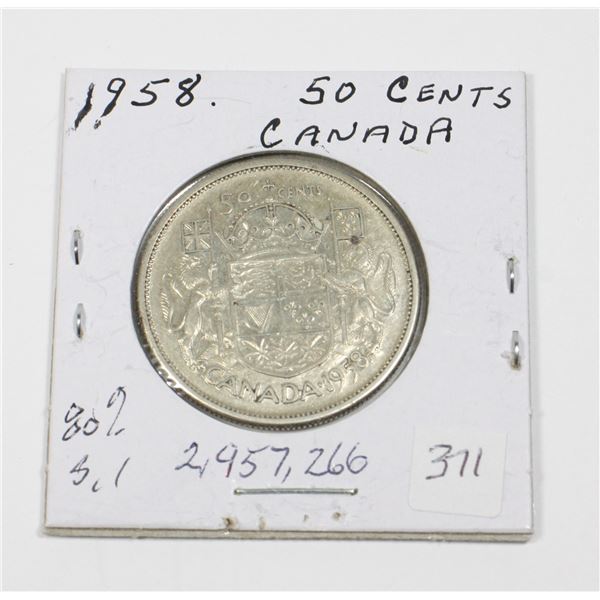 1958 50 CENT PIECE 80% SILVER ONLY 2,957,266