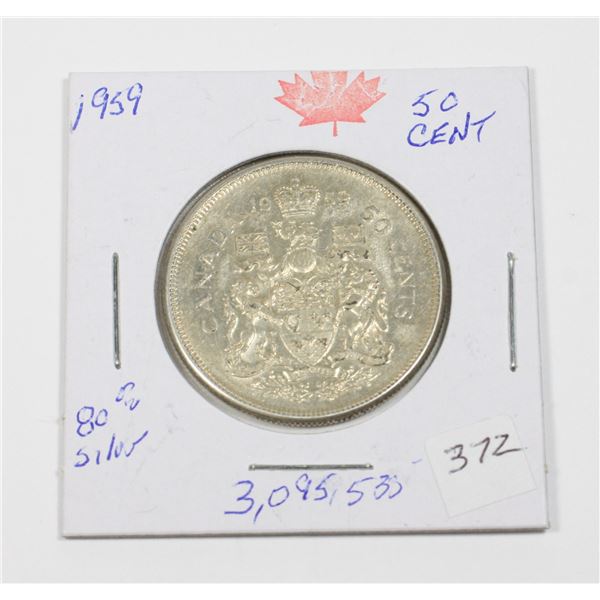 1959 50 CENT PIECE 80% SILVER ONLY 3,095,535