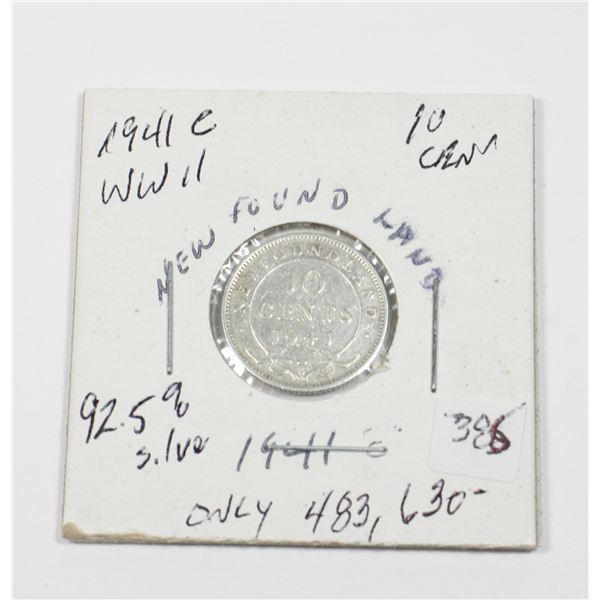 1941 C W.W.II NEWFOUNDLAND DIME 92.5 % SILVER