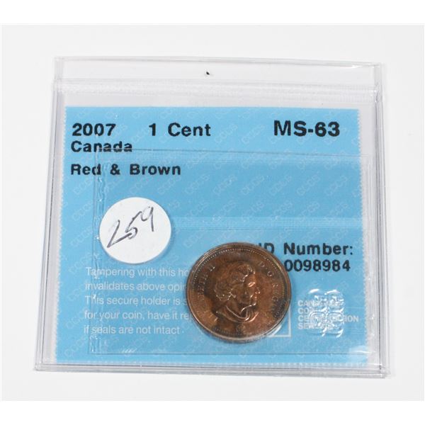 CCCS GRADED 2007 CANADA 1 CENT, RED AND BROWN,