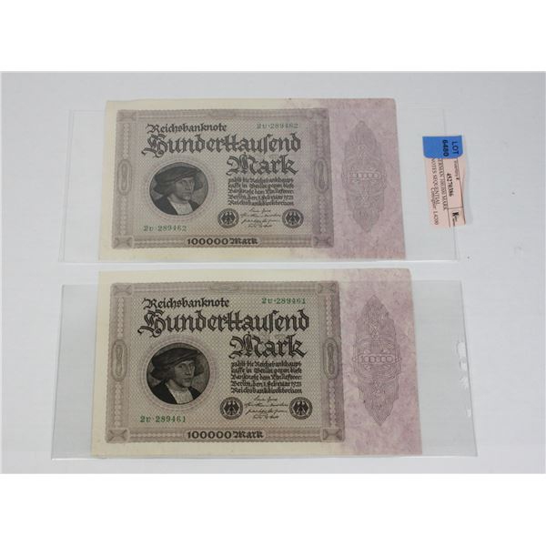 TWO GERMAN 100,000 MARK BANKNOTES SEQUENTIAL
