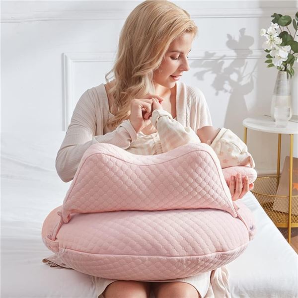 1 Ergonomic Nursing Pillow with Knitted Cotton Cover - Pink - Brand New (Vacuum Sealed)