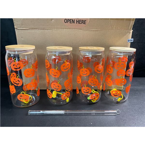 Set of 4 Cute Pumpkin/Halloween Glass Drinking Cups (No Straws*) Bamboo Lids Included - New