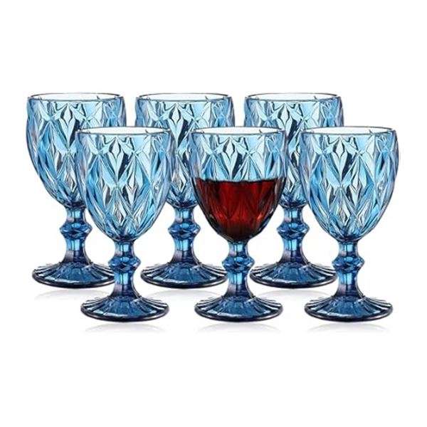 6PC Wine Glass Set - 8oz Wine Cups - Blue Glass/Embossed Diamond Pattern - New in Box