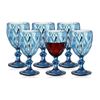 Image 1 : 6PC Wine Glass Set - 8oz Wine Cups - Blue Glass/Embossed Diamond Pattern - New in Box