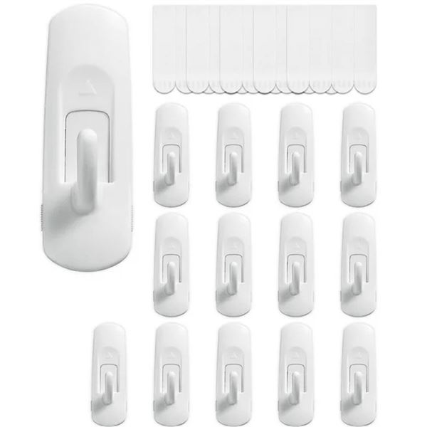2 Boxes of Large White Utility Hanging Hooks (9cm Size) - 14 Hooks + 20 Strips Per Box - New