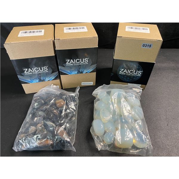 3 Boxes of Zaicus Home Collection Tumbled Stones/Crystals - 2x Blue Tiger Eye & 1x Opalite (1lb ea)