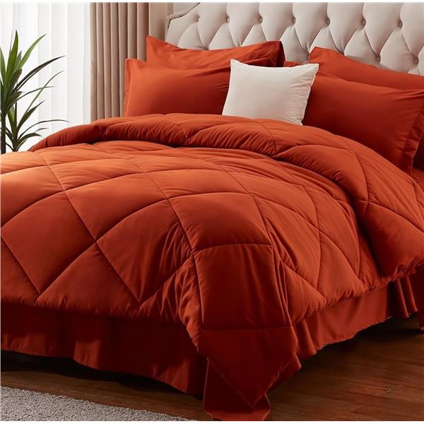 1 NexHome 100% Microfiber 7PC Queen Comforter Bed in a Box Set - Burnt Orange - New