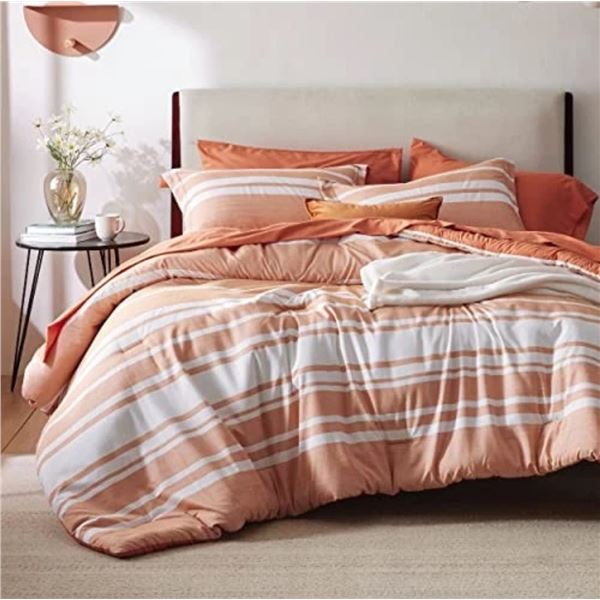 1 BedSure Full Size 7PC Burnt Orange and White Comforter Set - New