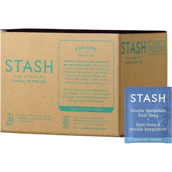 1 Box of Stash Tea Company Double Bergamont Earl Grey Black Tea Bags - 100 Count (BB: 02/2027)