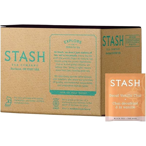 1 Box of Stash Tea Company Decaf Vanilla Chai Black Tea Bags - 100 Count (BB: 02/2027)